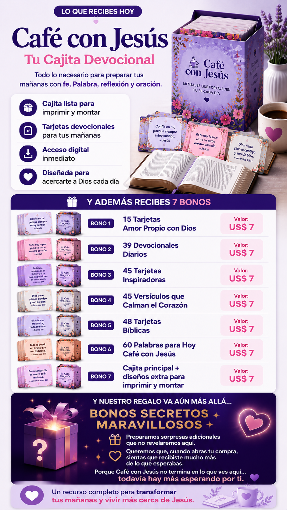 Lo que recibes hoy con Café con Jesús — Tu Cajita Devocional y 7 bonos